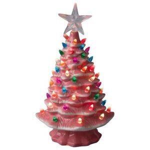 Nostalgic Pink Lighted Ceramic Christmas Tree 15 Inches Multi Colored Lights New